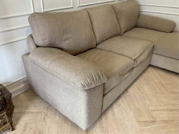 3-seat L-shaped corner sofa, fabric cushion, wooden frame, brown color