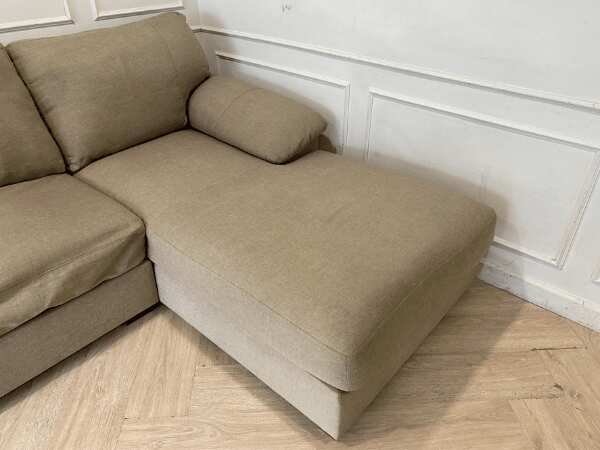 3-seat L-shaped corner sofa, fabric cushion, wooden frame, brown color