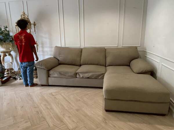 3-seat L-shaped corner sofa, fabric cushion, wooden frame, brown color