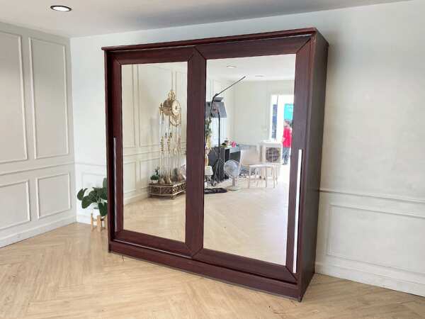 2 sliding door wardrobe, brown wooden frame