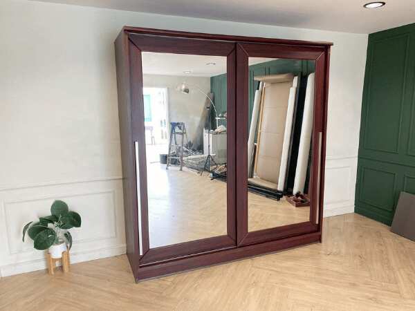 2 sliding door wardrobe, brown wooden frame