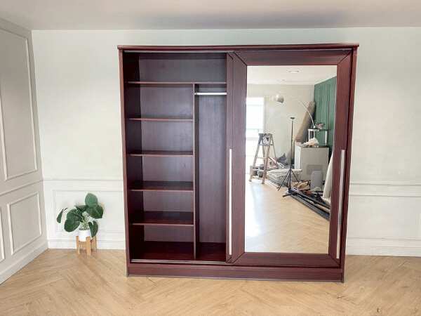 2 sliding door wardrobe, brown wooden frame