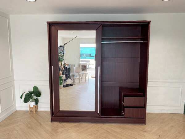 2 sliding door wardrobe, brown wooden frame