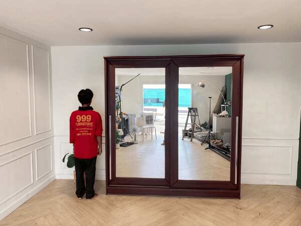 2 sliding door wardrobe, brown wooden frame