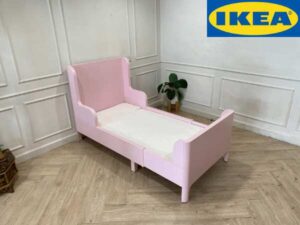 Bed with 3-foot mattress, 5 inches thick, wooden frame, pink, Ikea brand