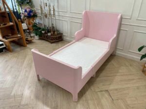 Bed with 3-foot mattress, 5 inches thick, wooden frame, pink, Ikea brand