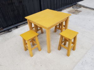Wooden table set, restaurant, cafe, yellow