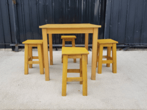 Wooden table set, restaurant, cafe, yellow
