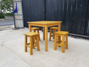 Wooden table set, restaurant, cafe, yellow
