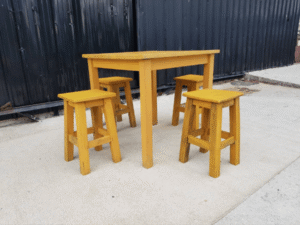 Wooden table set, restaurant, cafe, yellow
