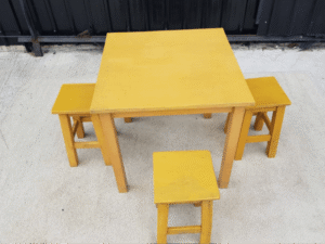 Wooden table set, restaurant, cafe, yellow