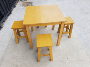 Wooden table set, restaurant, cafe, yellow