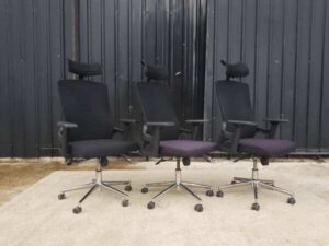 Office chair, purple fabric cushion, mesh backrest, black headrest