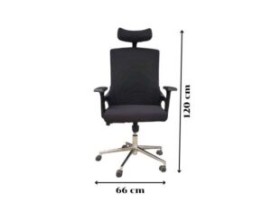 Office chair, purple fabric cushion, mesh backrest, black headrest