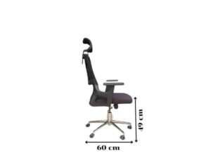 Office chair, purple fabric cushion, mesh backrest, black headrest