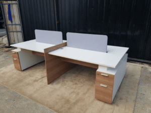 Group of 4 work tables with 2 drawer filing cabinets