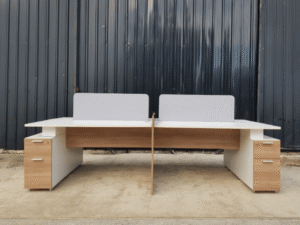 Group of 4 work tables with 2 drawer filing cabinets