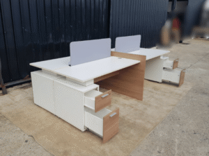Group of 4 work tables with 2 drawer filing cabinets