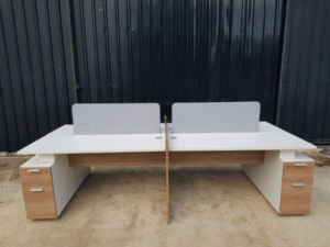 Group of 4 work tables with 2 drawer filing cabinets