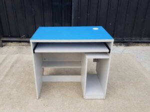Work desk, Telesale call center table, blue wood top, gray wood legs