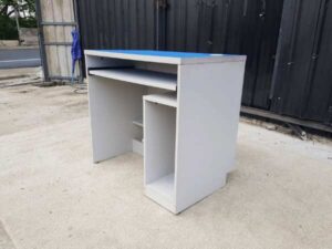 Work desk, Telesale call center table, blue wood top, gray wood legs