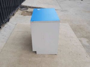 Work desk, Telesale call center table, blue wood top, gray wood legs