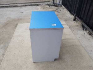Work desk, Telesale call center table, blue wood top, gray wood legs