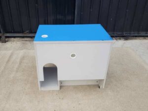 Work desk, Telesale call center table, blue wood top, gray wood legs