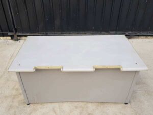 Work desk, steel legs, wooden top, grey, 140 cm