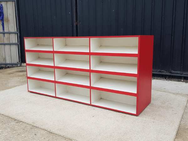16-slot product shelf, wooden frame, white and red