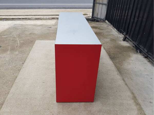 16-slot product shelf, wooden frame, white and red