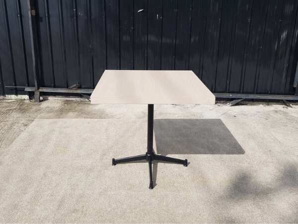 Dining table, steel legs, wooden top, cream color, 80 x 80 cm.