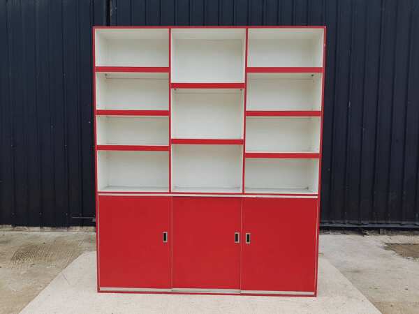 Tall product shelf, wooden frame, white and red