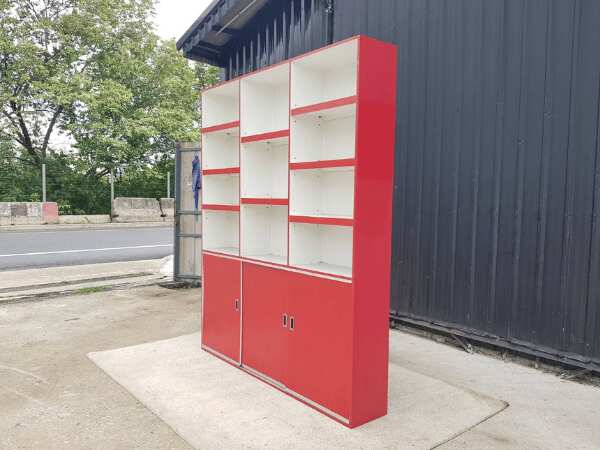 Tall product shelf, wooden frame, white and red