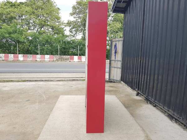 Tall product shelf, wooden frame, white and red
