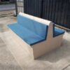 2-sided wooden bench, blue fabric cushion