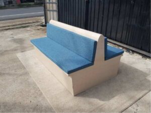 2-sided wooden bench, blue fabric cushion