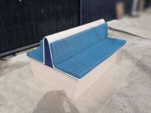 2-sided wooden bench, blue fabric cushion