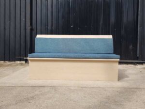 2-sided wooden bench, blue fabric cushion