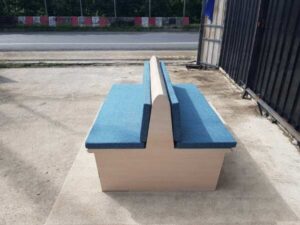 2-sided wooden bench, blue fabric cushion