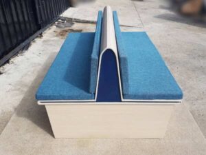 2-sided wooden bench, blue fabric cushion