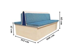 2-sided wooden bench, blue fabric cushion
