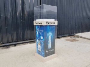 Tall blue glass display cabinet
