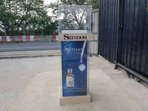 Tall blue glass display cabinet