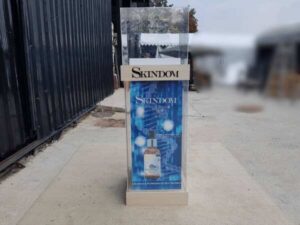 Tall blue glass display cabinet
