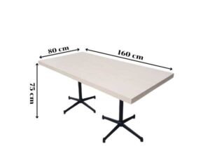 Dining table, steel legs, wooden top, cream color, 160 x 80 cm.