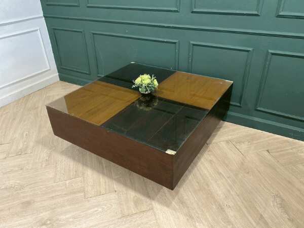 Wooden center table, glass top, vintage style, 100 x 100 cm