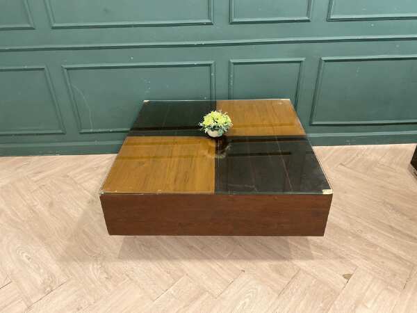 Wooden center table, glass top, vintage style, 100 x 100 cm