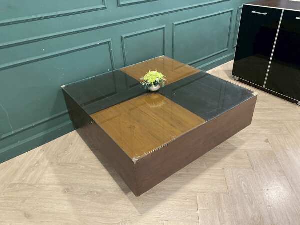 Wooden center table, glass top, vintage style, 100 x 100 cm
