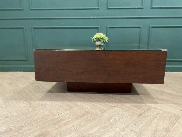 Wooden center table, glass top, vintage style, 100 x 100 cm
